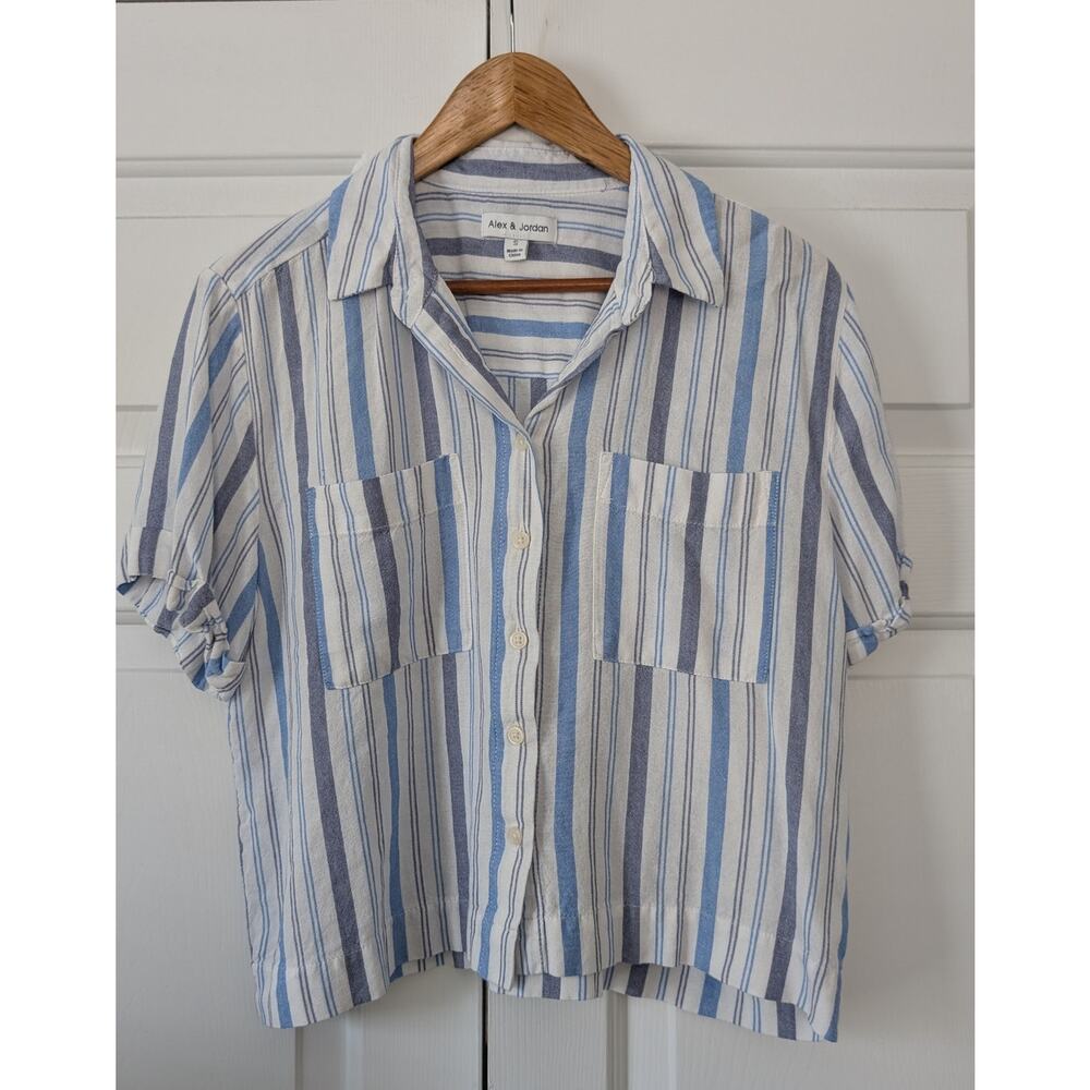 Alex & Jordan Boxy Drapey Striped Linen Blend Top